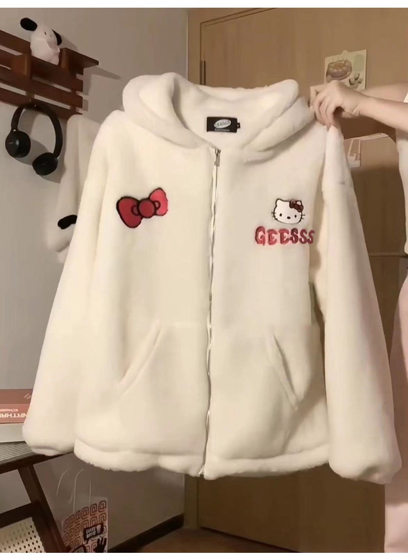Generic - Kitty Cat Lamb Wool Sweatshirt Womens Autumn Winter Thickened Fuzzy Cute Loose-Fit Jacket Niche Sensibility Design Chic Outwear White - Image 1
