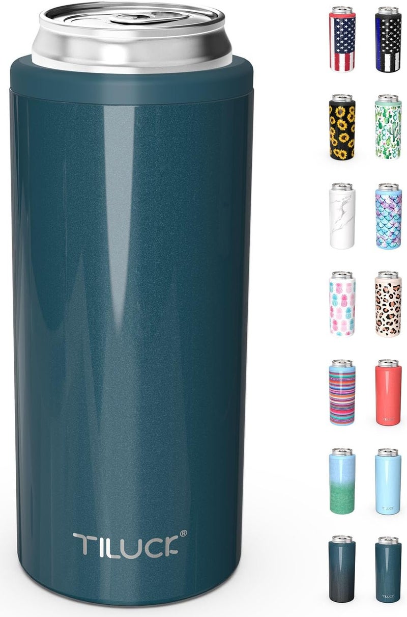 TILUCK Skinny Can Cooler for Slim Beer & Hard Seltzer, Stainless Steel, Doucle-Walled Stainless Steel Insulated Slim Cans, Standard 12 oz (Glitter Indigo) - Image 1