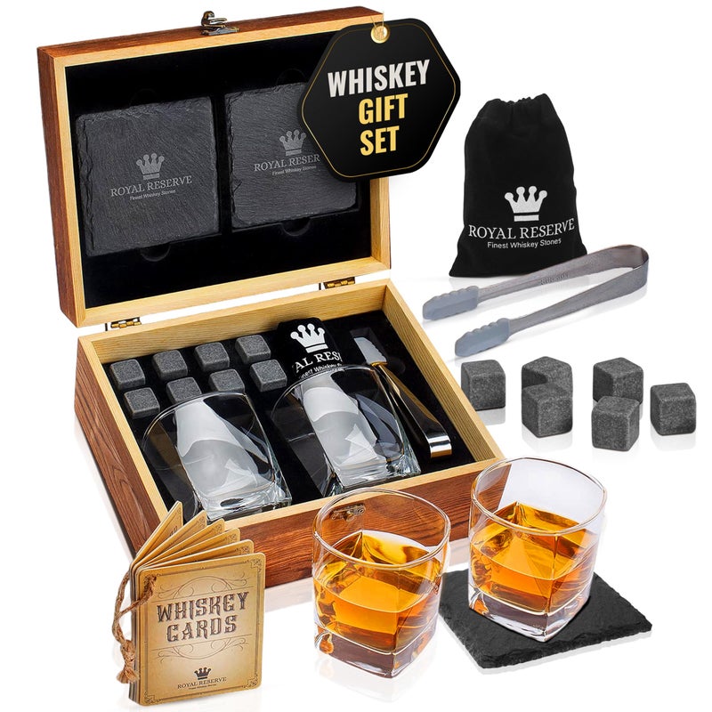 Royal Reserve Whiskey Stones Gift Set by Royal Reserve Artisan Crafted Scotch Bourbon Glasses Chilling Rocks Coasters and Tongs  Whiskey Gifts for Men Dad Boyfriend Anniversary or Retirement