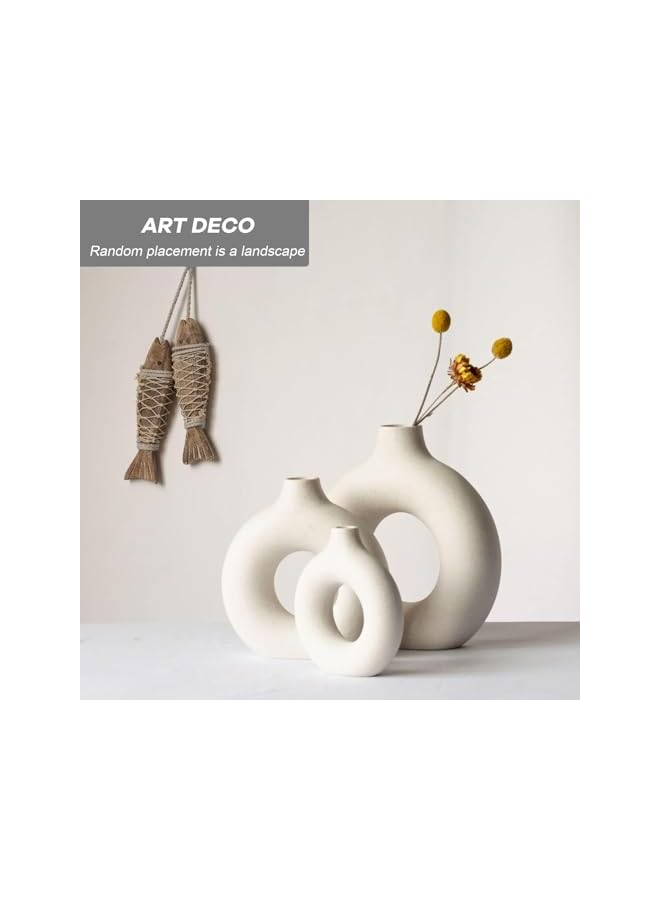The Bros Beige Ceramic Vase Set of 3, Round Hollow Matte Donut Flower Vases, Modern Boho Pampas Grass Decorative Vase for Wedding Dinner Table Living Room Office Decorative Vase (White) - Image 4