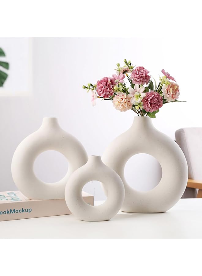 The Bros Beige Ceramic Vase Set of 3, Round Hollow Matte Donut Flower Vases, Modern Boho Pampas Grass Decorative Vase for Wedding Dinner Table Living Room Office Decorative Vase (White) - Image 1