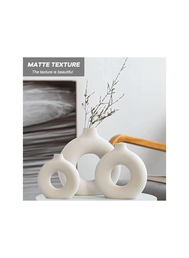 The Bros Beige Ceramic Vase Set of 3, Round Hollow Matte Donut Flower Vases, Modern Boho Pampas Grass Decorative Vase for Wedding Dinner Table Living Room Office Decorative Vase (White) - Image 3
