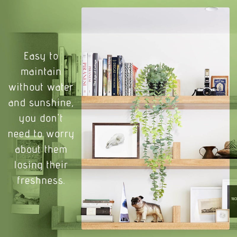 LUZOGA Fake Hanging Eucalyptus Plants Artificial Faux Plants Indoor Small Hanging Greenery Decor for Shelf with Black Pot Soft Green for Living Room, Kitchen, Balcony, Garden, Bedroom - Image 5
