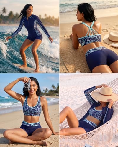 Daci Blue Floral Women 3 Piece Rash Guard Long Sleeve Zip Up Swim Shirt with Sports Bra and Shorts UPF 50 Modest Swimuits 2026 L - Image 3