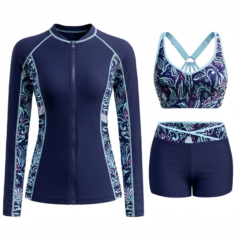 Daci Blue Floral Women 3 Piece Rash Guard Long Sleeve Zip Up Swim Shirt with Sports Bra and Shorts UPF 50 Modest Swimuits 2026 L - Image 2