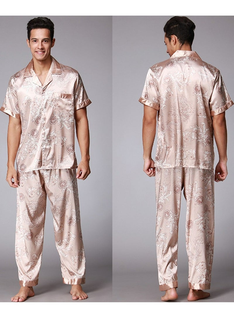 إسكدنيا Men's Short Sleeve Printed Pajama Set 2-Piece Pajamas Sleepwear Set Lounge Wear Camel 