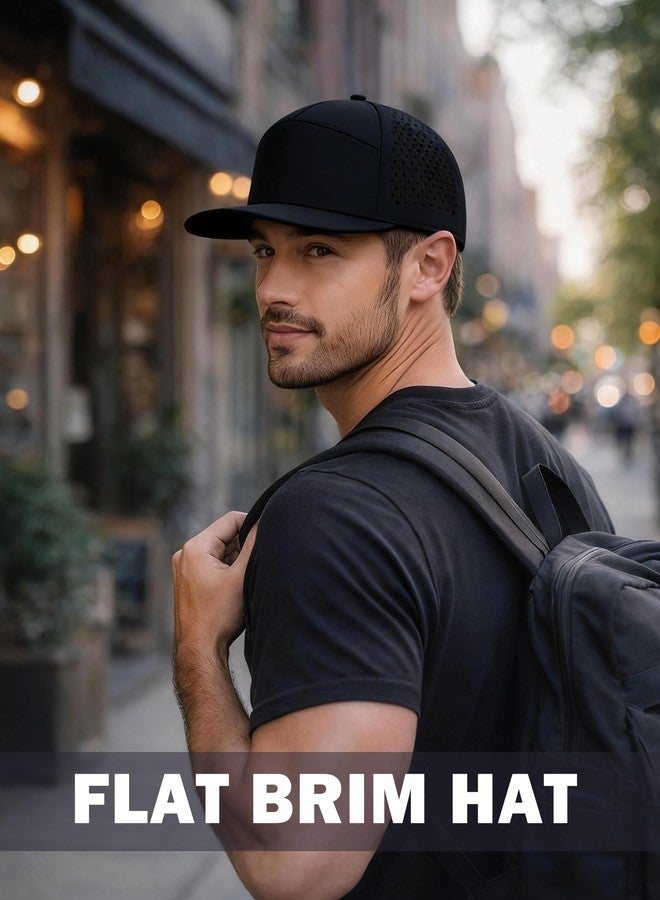 ZTL M/L/XL/XXL Flat Brim Hat for Men, Structured 7 Panel Snapback Performance Trucker Hats Quick-Dry Adjustable Flat Bill Cap Black - Image 2