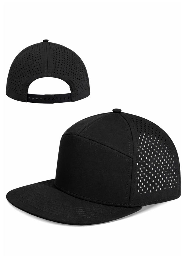ZTL M/L/XL/XXL Flat Brim Hat for Men, Structured 7 Panel Snapback Performance Trucker Hats Quick-Dry Adjustable Flat Bill Cap Black - Image 1