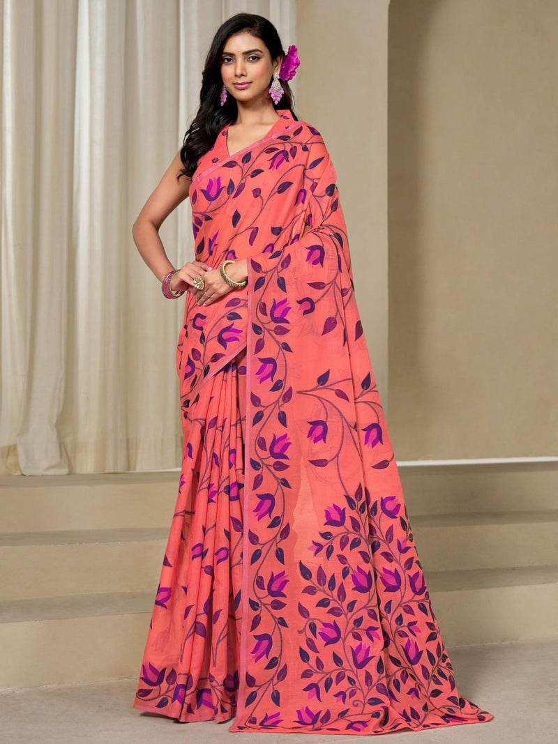 EthnicJunction Women's Pure Cotton Woven Saree With Blouse Piece(Orange) - Image 5
