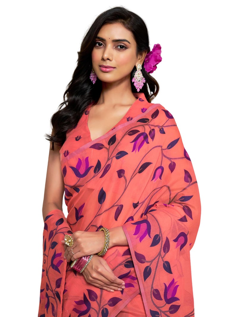EthnicJunction Women's Pure Cotton Woven Saree With Blouse Piece(Orange) - Image 1