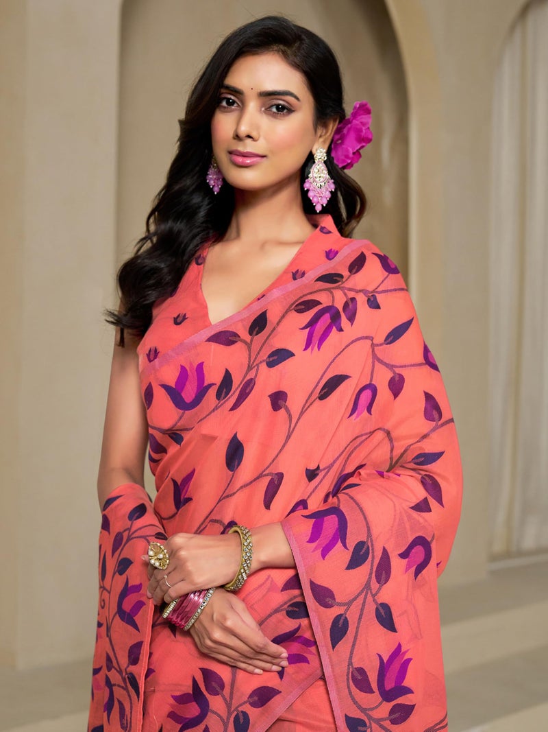 EthnicJunction Women's Pure Cotton Woven Saree With Blouse Piece(Orange) - Image 4