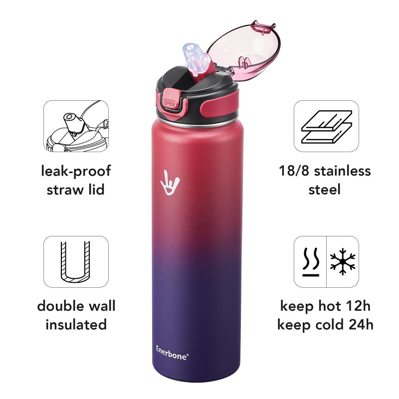 Enerbone 32 oz Insulated Water Bottle, Stainless Steel Bottle with Carrying Strap, Double-Wall Vacuum Insulation Design, Leakproof Sports Bottle with Straw, Keep Drinks Cold or Hot for Hours - Image 2