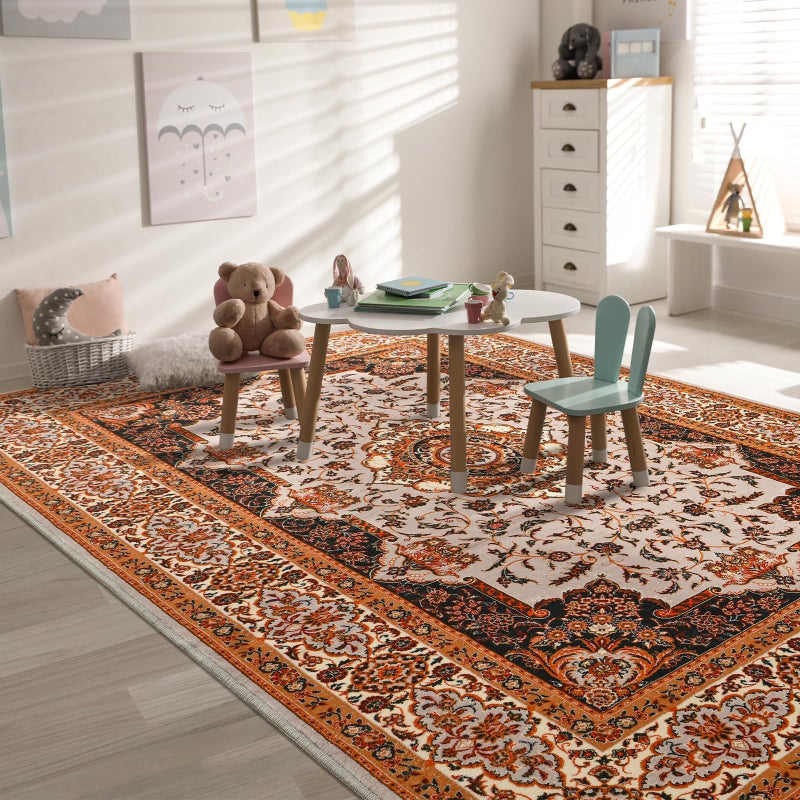 Rtizon Area Rug for Living Room, 5x7Ft Machine Washable Orange Rugs for Bedroom, Non-Slip Vintage Carpet for Office Dining Room Nursery Farmhouse - Image 4
