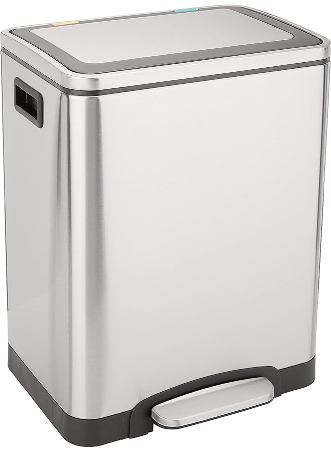 Zaboon Dual Bin Rectangular Trash Can With Softclose Foot Pedal 30 Liter 2 X 15 Liter Interior Bins Brushed Stainless Steel - Image 1