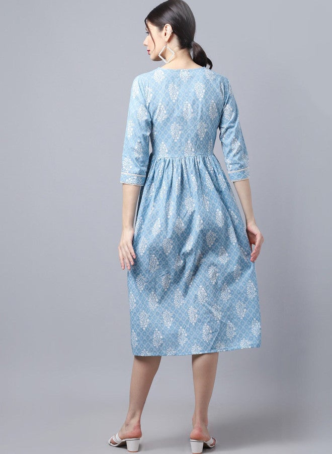 LARGISH Floral Print Gathered Fit & Flare Pure Cotton Dress - Image 4