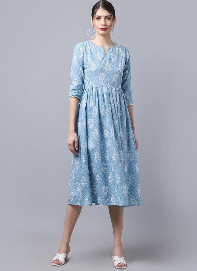 LARGISH Floral Print Gathered Fit & Flare Pure Cotton Dress - Image 1