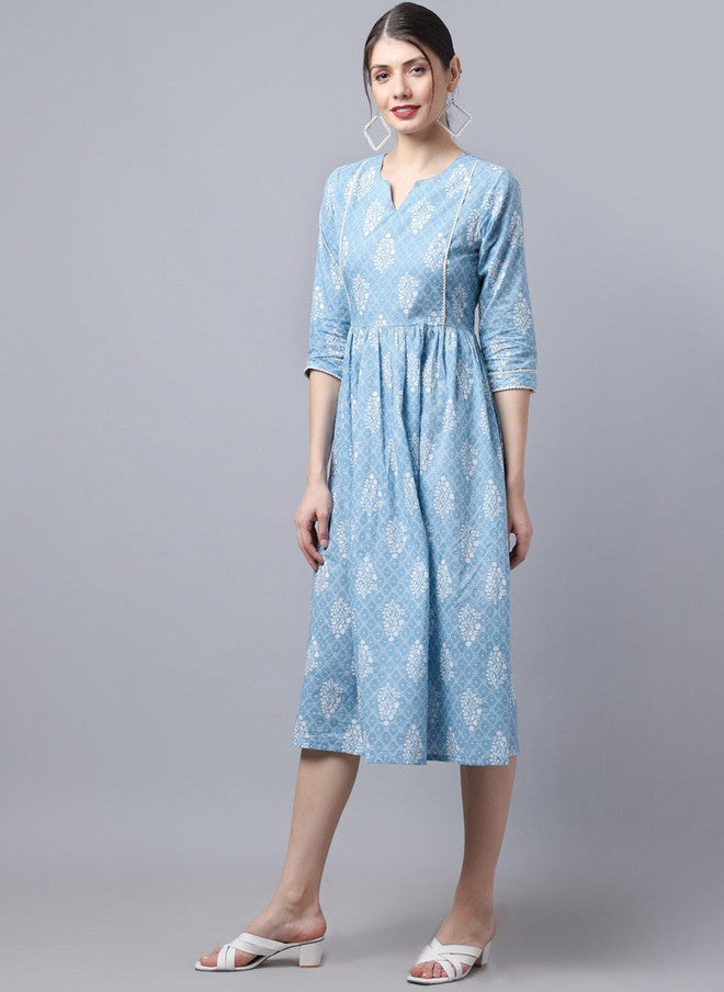 LARGISH Floral Print Gathered Fit & Flare Pure Cotton Dress - Image 3