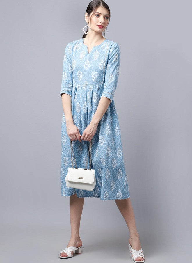LARGISH Floral Print Gathered Fit & Flare Pure Cotton Dress - Image 5
