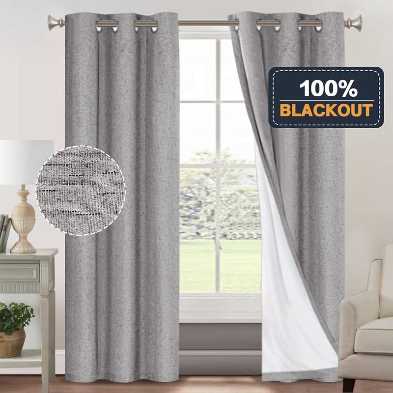 PrinceDeco Primitive Textured Linen 100% Blackout Curtains for Bedroom/Living Room Energy Saving Window Treatment Curtain Drapes  Burlap Fabric with White Liner (42 x 84 inch  Light Grey) - Image 2