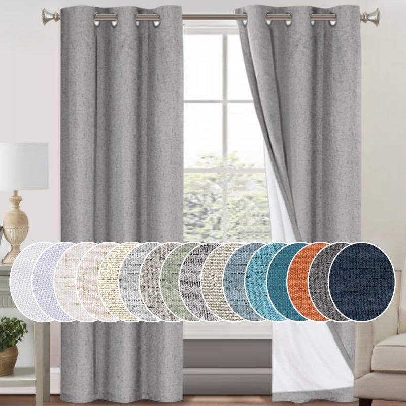 PrinceDeco Primitive Textured Linen 100% Blackout Curtains for Bedroom/Living Room Energy Saving Window Treatment Curtain Drapes  Burlap Fabric with White Liner (42 x 84 inch  Light Grey) - Image 1