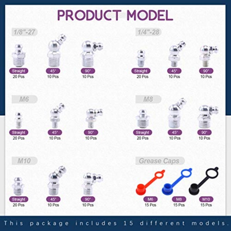246 Pcs Standard Hydraulic Grease Fittings Kit with Plastic Grease Fitting Cap 1/4" 1/8" M6 M8 M10 Straight 90 Degree 45 Degree Angled - Image 2