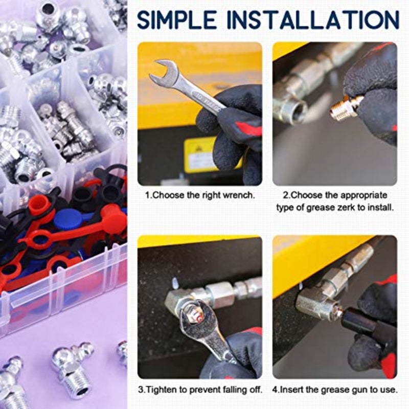 246 Pcs Standard Hydraulic Grease Fittings Kit with Plastic Grease Fitting Cap 1/4" 1/8" M6 M8 M10 Straight 90 Degree 45 Degree Angled - Image 5