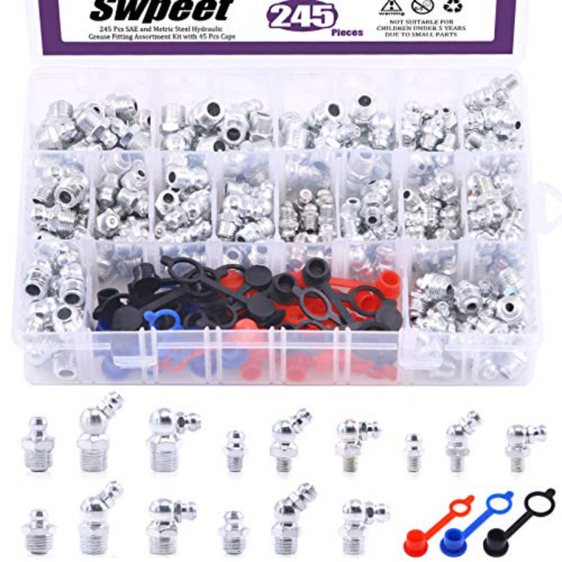 246 Pcs Standard Hydraulic Grease Fittings Kit with Plastic Grease Fitting Cap 1/4" 1/8" M6 M8 M10 Straight 90 Degree 45 Degree Angled - Image 1