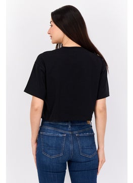 ESPRIT Women Crew Neck Short Sleeves Embroidered Cropped Tops, Black  - Image 3