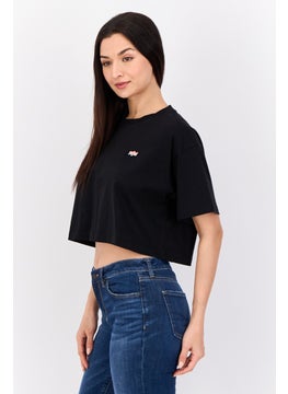 ESPRIT Women Crew Neck Short Sleeves Embroidered Cropped Tops, Black  - Image 4