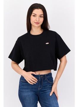 ESPRIT Women Crew Neck Short Sleeves Embroidered Cropped Tops, Black  - Image 1