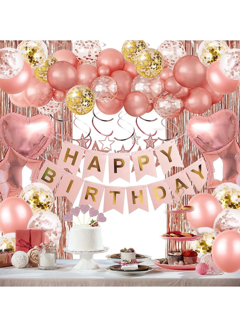 64pieces Rose Gold Birthday Party Decoration Set Rose Gold Balloon Set with Happy Birthday Balloon Banner, Foil Balloons, Tassel Curtain，Hanging Swirl Streamer - Image 1