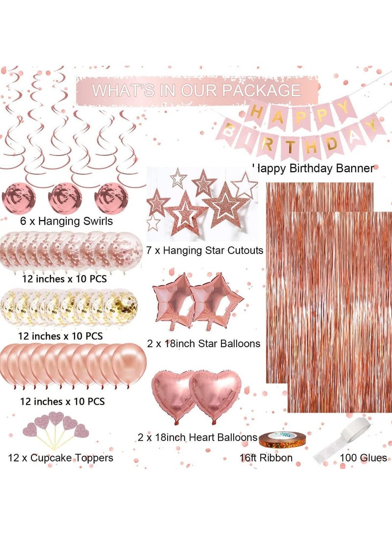 64pieces Rose Gold Birthday Party Decoration Set Rose Gold Balloon Set with Happy Birthday Balloon Banner, Foil Balloons, Tassel Curtain，Hanging Swirl Streamer - Image 2
