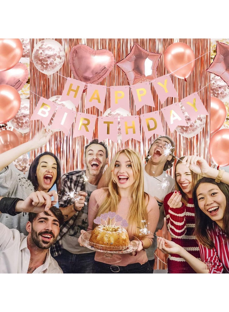 64pieces Rose Gold Birthday Party Decoration Set Rose Gold Balloon Set with Happy Birthday Balloon Banner, Foil Balloons, Tassel Curtain，Hanging Swirl Streamer - Image 3