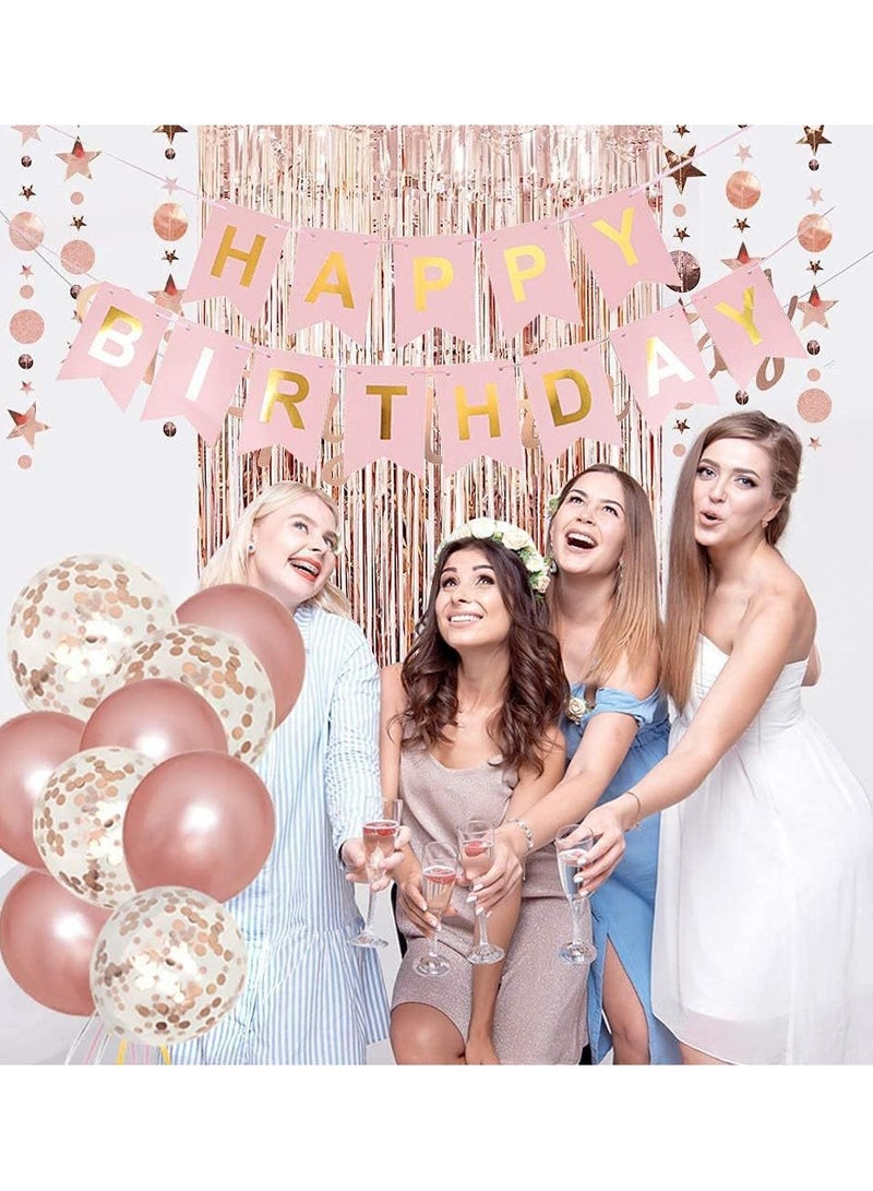 64pieces Rose Gold Birthday Party Decoration Set Rose Gold Balloon Set with Happy Birthday Balloon Banner, Foil Balloons, Tassel Curtain，Hanging Swirl Streamer - Image 4