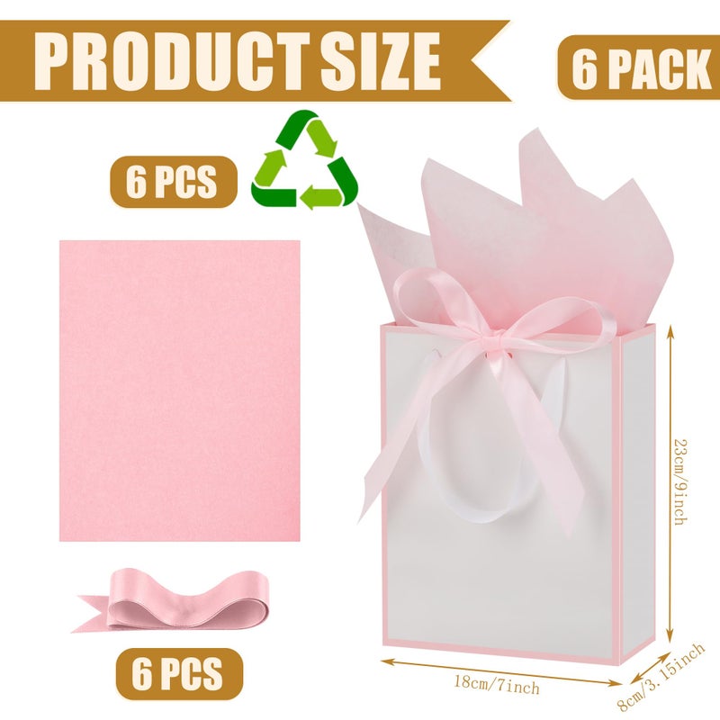 OEMVALATY 6 Pcs Thank You Gift Bags with Handles and Tissue Paper 9 x 7 x 3. 15'' Elegant Welcome Gift Bags with Bow Ribbon for Wedding Bridesmaid Baby Shower Housewarming Birthday Party(White, Pink) - Image 2