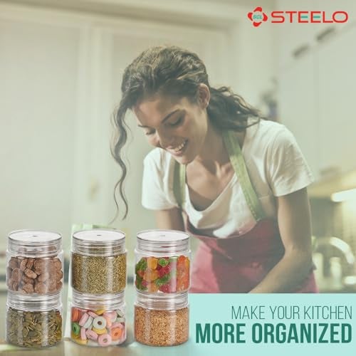SCL Steelo Steelo Homely Plastic Kitchen Jar Container Set Kitchen Organiser Air Tight Jar Container Set Fridge safe US FDA Approved PET Food Grade Heavy Duty Material, BPA Free (Clear, 350 ml, Pack of 6) - Image 4