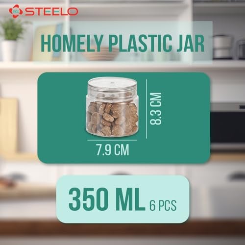 SCL Steelo Steelo Homely Plastic Kitchen Jar Container Set Kitchen Organiser Air Tight Jar Container Set Fridge safe US FDA Approved PET Food Grade Heavy Duty Material, BPA Free (Clear, 350 ml, Pack of 6) - Image 5