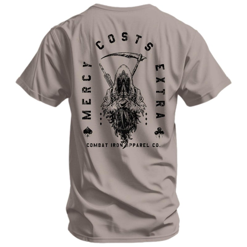 Combat Iron Men's Graphic T-Shirt | Mercy Costs Extra | Athletic Fit, Tagless Comfort | Tan, 2X-Large - Image 1