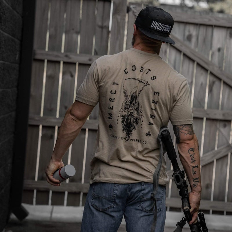 Combat Iron Men's Graphic T-Shirt | Mercy Costs Extra | Athletic Fit, Tagless Comfort | Tan, 2X-Large - Image 2