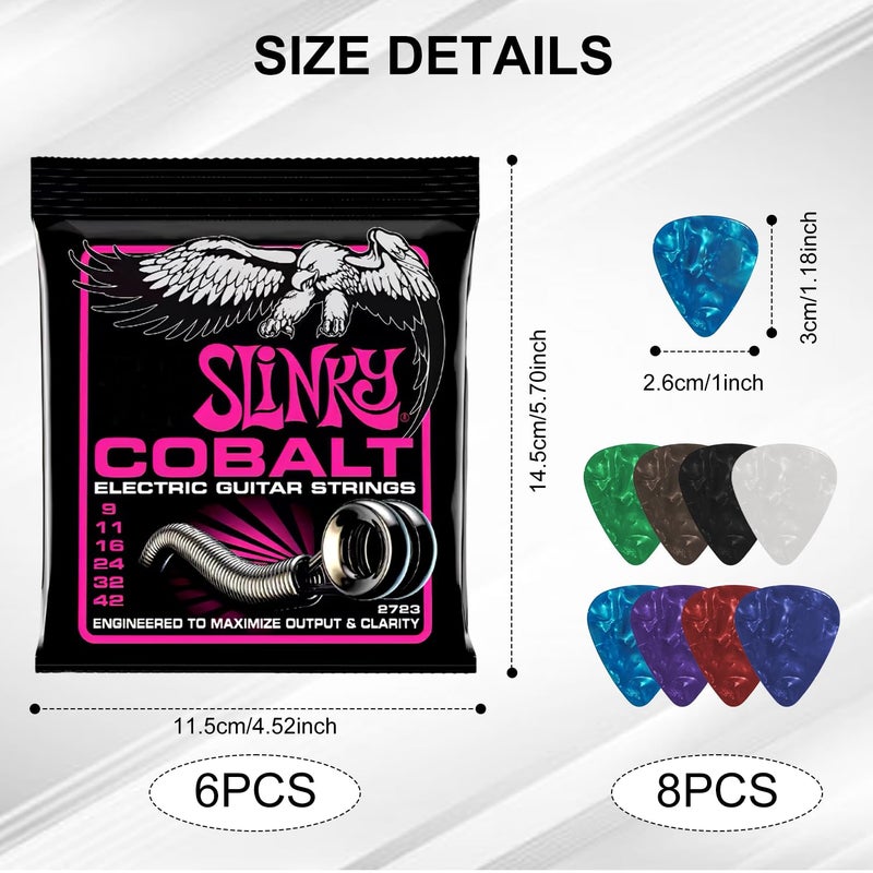 CoolShef طقم أوتار جيتار كهربائي لـ 6 أوتار، فولاذ مطلي بالنيكل (09-42)، 1 طقم مع 8 ريش، أوتار جيتار كهربائي مضيئة، - Image 2