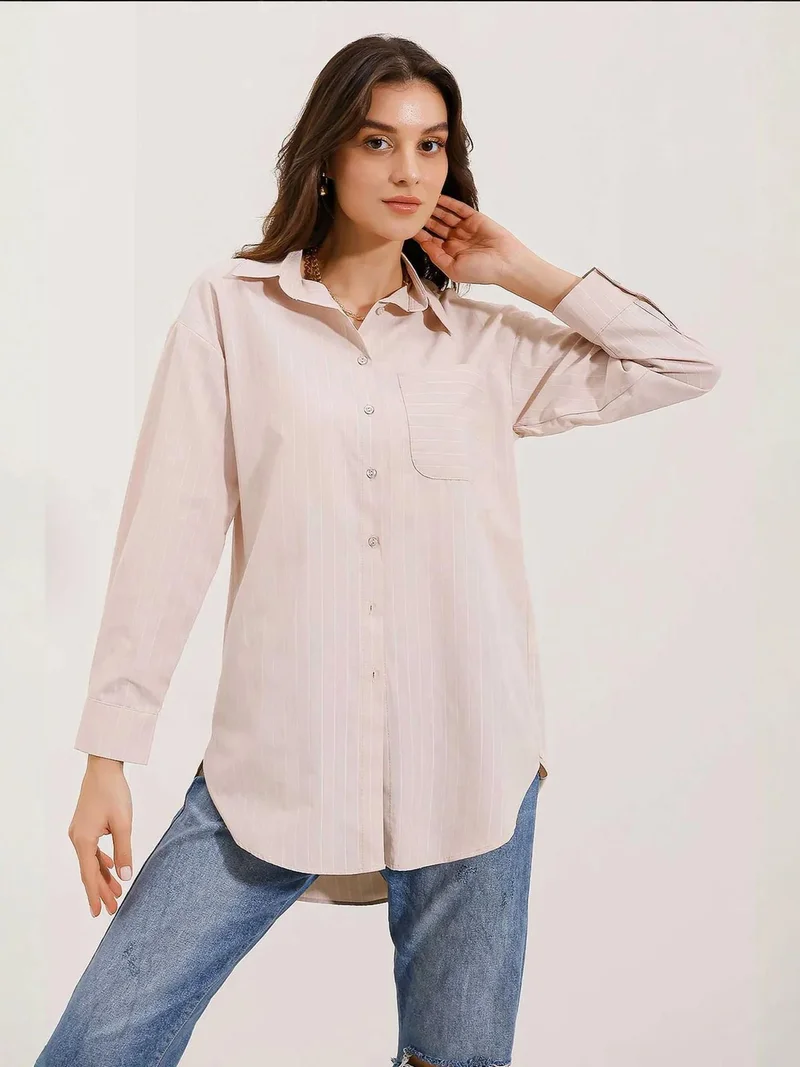 بيغ دارت قميص بوبلين مخطط كبير الحجم بجيوب