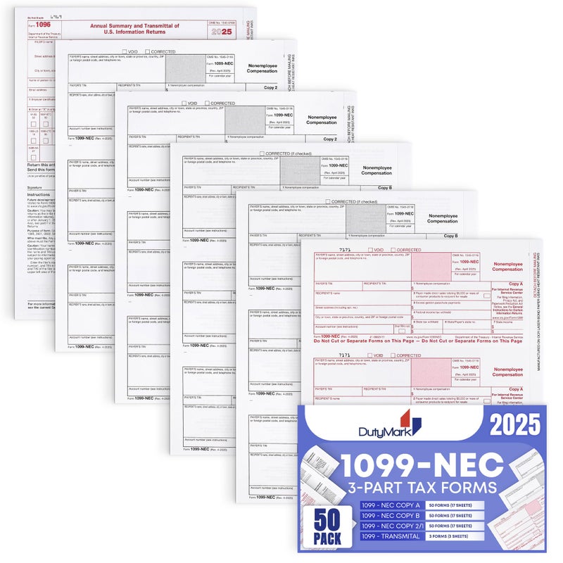 Dutymark 1099 NEC Forms 2025, 50 Pack 3 Part Laser Tax Forms Kit Pack of Federal/State Copy's, 1096's. Great for QuickBooks and Accounting Software, 2025, 1099-NEC 50 Pack - Image 1
