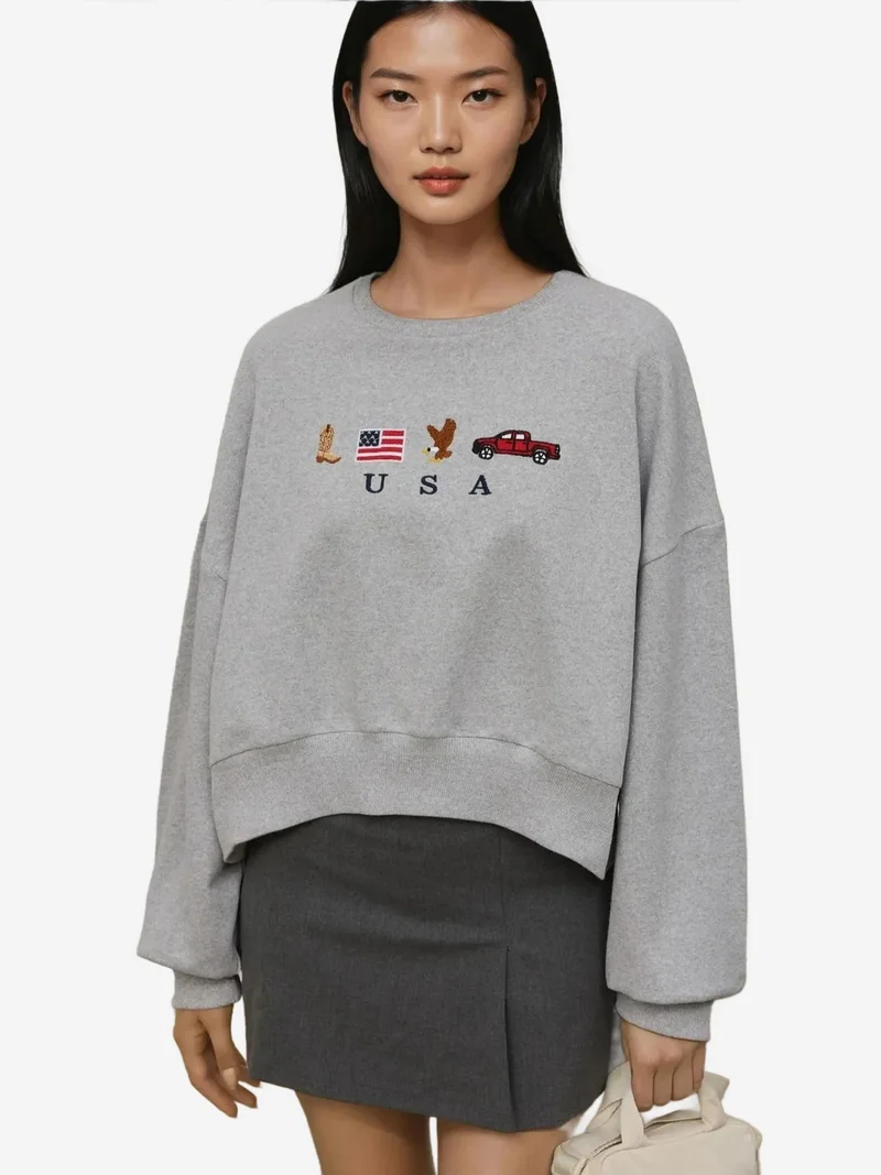 HICCUP Embroidered Crew Neck Cottoned Raised Sweatshirt