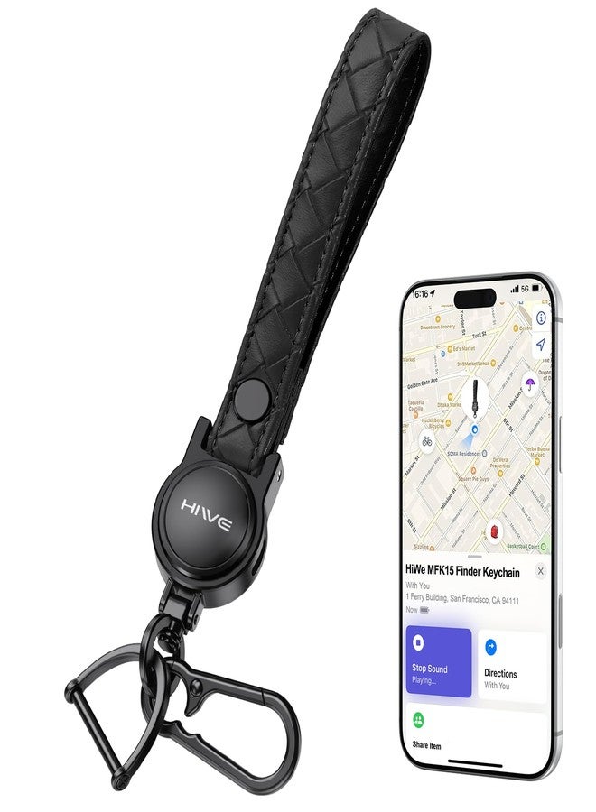 HiWe Anti-Lost Keychain, Works with Apple Find My, Carabiner Car Key Holder with Texture Leather Strap, Bluetooth Key Finder Tracker, USB-C Rechargeable, Black - Image 1
