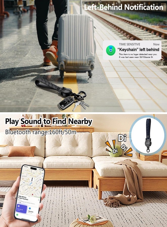 HiWe Anti-Lost Keychain, Works with Apple Find My, Carabiner Car Key Holder with Texture Leather Strap, Bluetooth Key Finder Tracker, USB-C Rechargeable, Black - Image 2