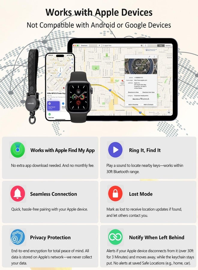 HiWe Anti-Lost Keychain, Works with Apple Find My, Carabiner Car Key Holder with Texture Leather Strap, Bluetooth Key Finder Tracker, USB-C Rechargeable, Black - Image 3