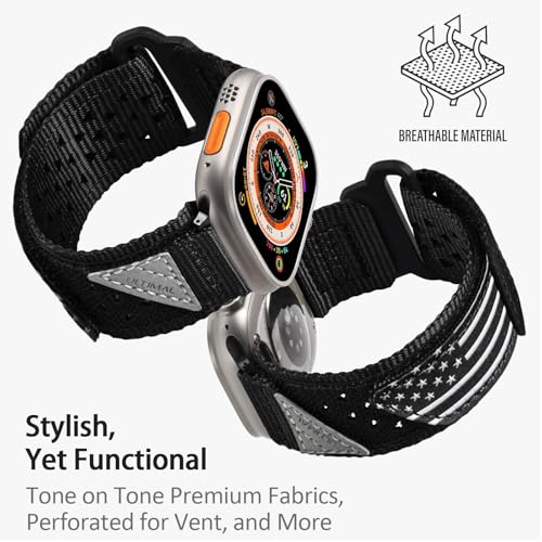 ULTIMAL Compatible witch Apple Watch Ultra 3/2/1 Series 11/10/9/8/7/6/5/4/SE/SE2/SE3,Nylon velcro Stars-Stripes Flag Woven Strap for men 49mm 46mm 45mm 44mm (L,Black USA Flag) - Image 3