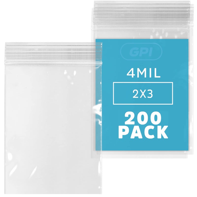 CLEAR PLASTIC REUSABLE ZIP BAGS - Bulk GPI Pack of 200, 2" x 3" 4mil Thick Heavy Duty, Strong & Durable Poly Baggies with Resealable Zip Top Lock For Travel, Storage, Packaging & Shipping.