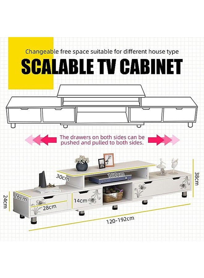Arabest Tv Table,Tv Bench,Tv Unit Open Tv Cabinet with Storage Shelves,Extendable Tv Rack Modern Entertainment Center Gaming Media Storage Stand Console Table with 4 Drawers 120-192cm Long(White) - Image 2