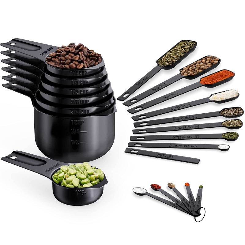 Wildone Black Measuring Cups  Spoons Set of 21  Includes 7 Stainless Steel Nesting Measuring Cups 8 Measuring Spoons 1 Leveler  5 Mini Measuring Spoons Ideal for Dry  Liquid Ingredients